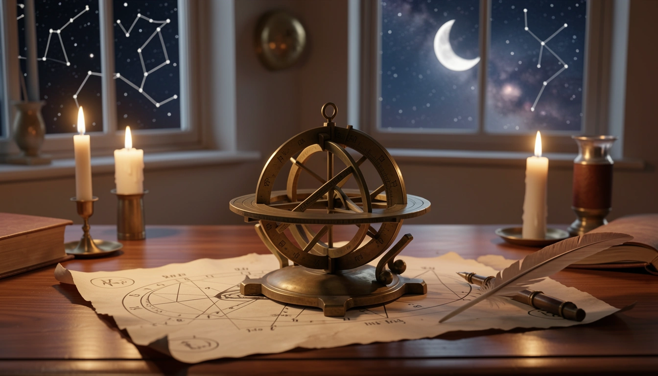 Antique brass astrolabe on a wooden desk with a parchment birth chart and candlelight, night sky visible through a window