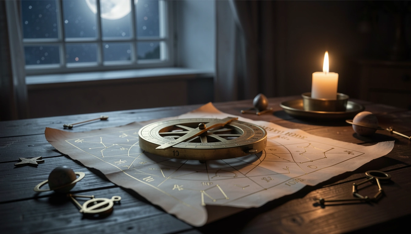 Brass astrolabe and parchment birth chart on a candlelit table