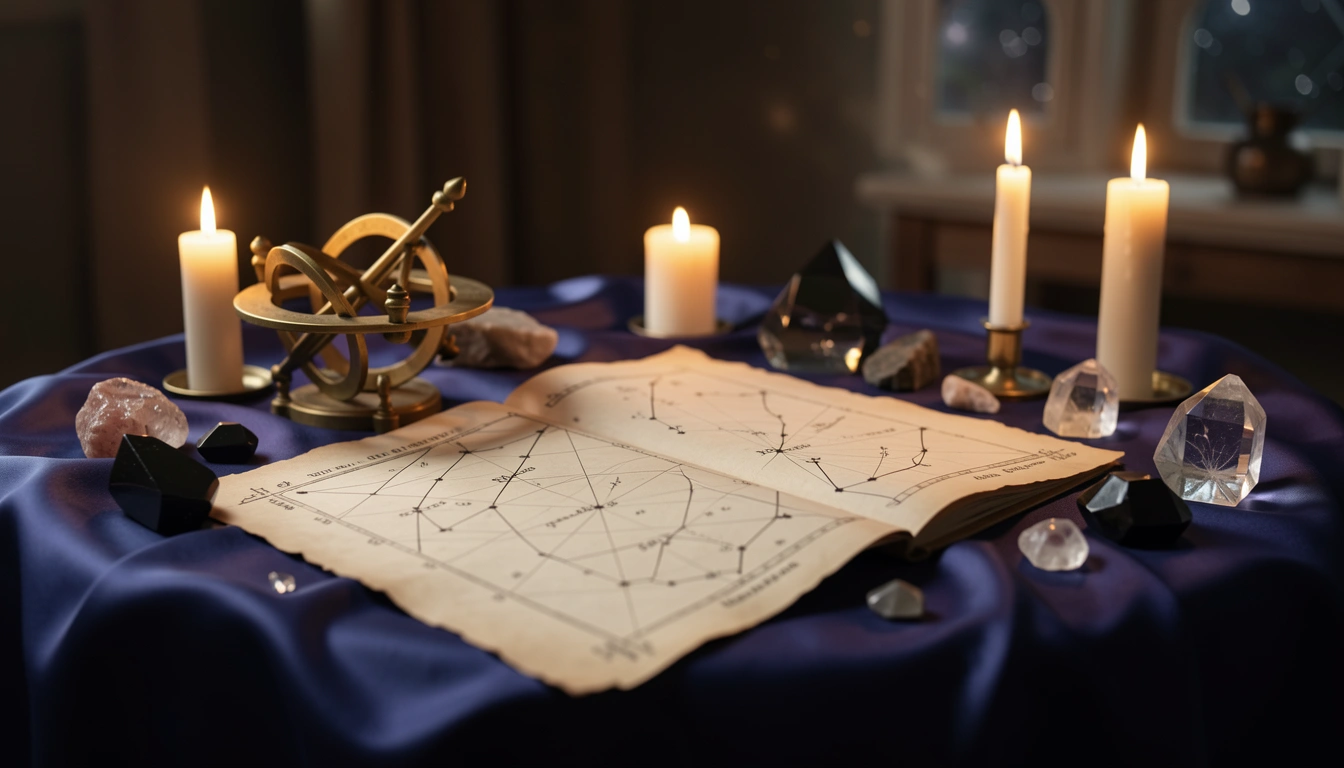 Brass astrolabe and crystals on a candlelit table with a star chart