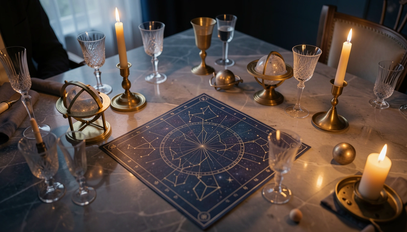 Candlelit table with brass astronomical instruments and a star chart