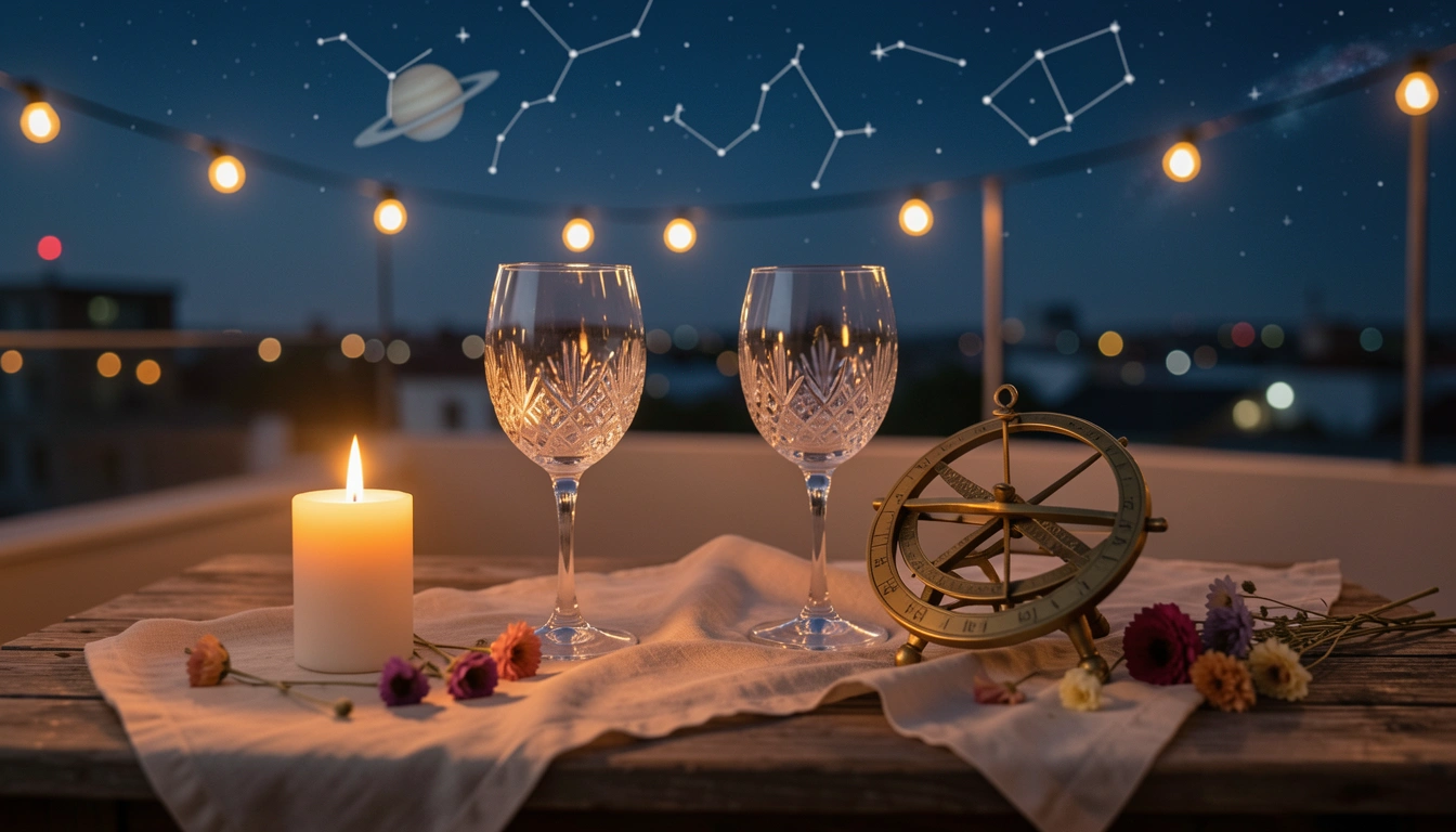Candlelit rooftop scene with crystal glasses and a brass astrolabe under twilight sky