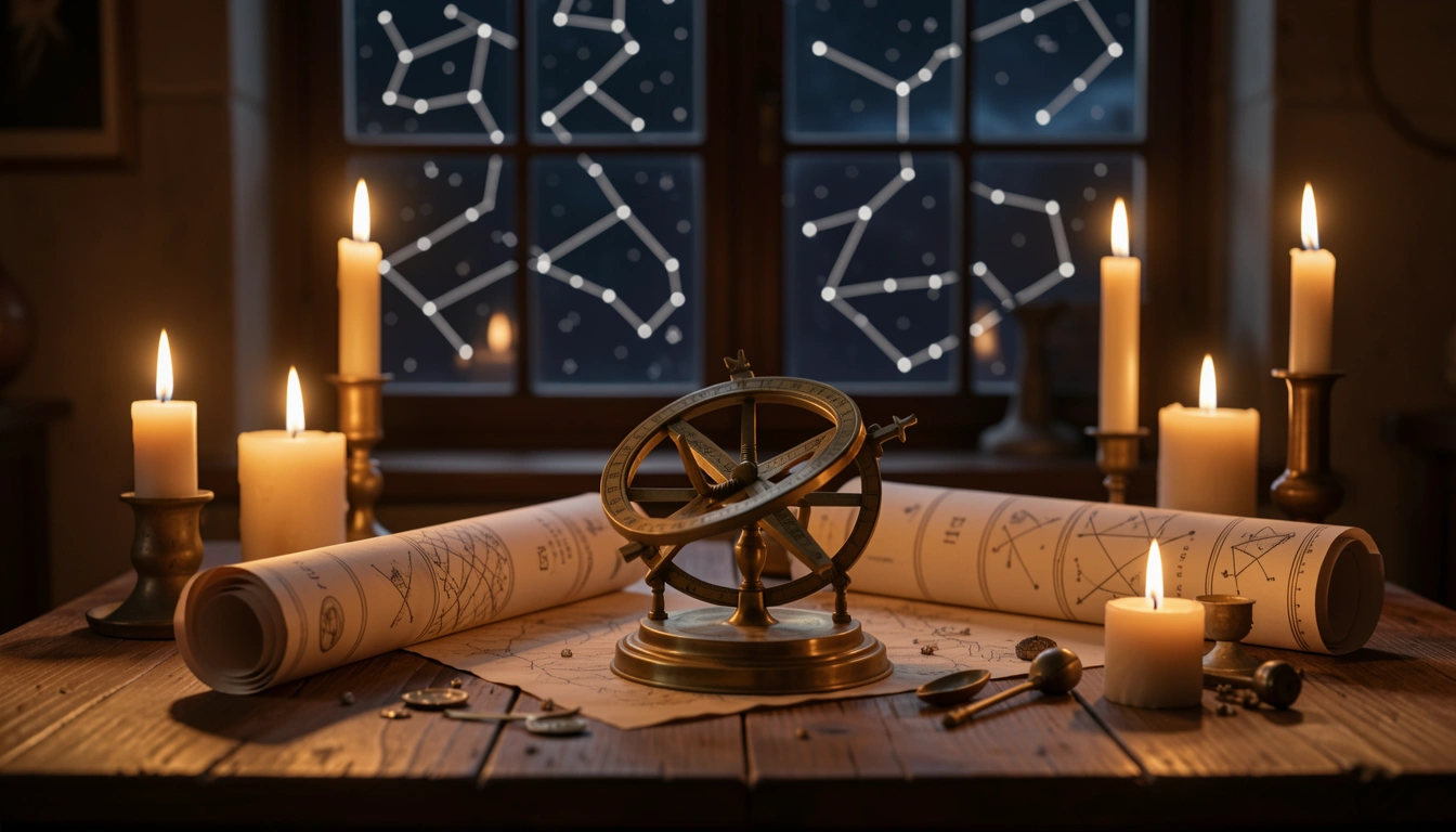 Brass astrolabe and star charts on a candlelit table with Aquarius constellation in the night sky