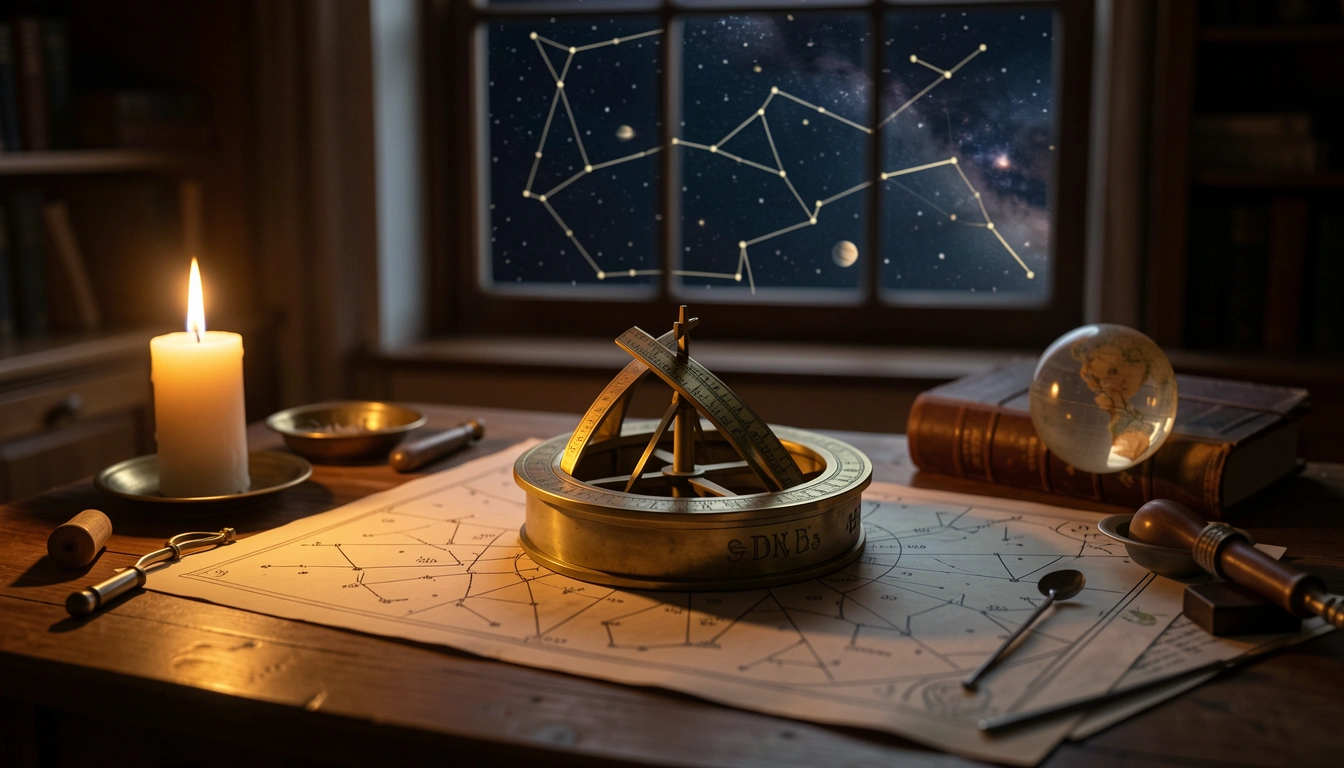 Brass astrolabe and star charts glowing under candlelight with a night sky behind