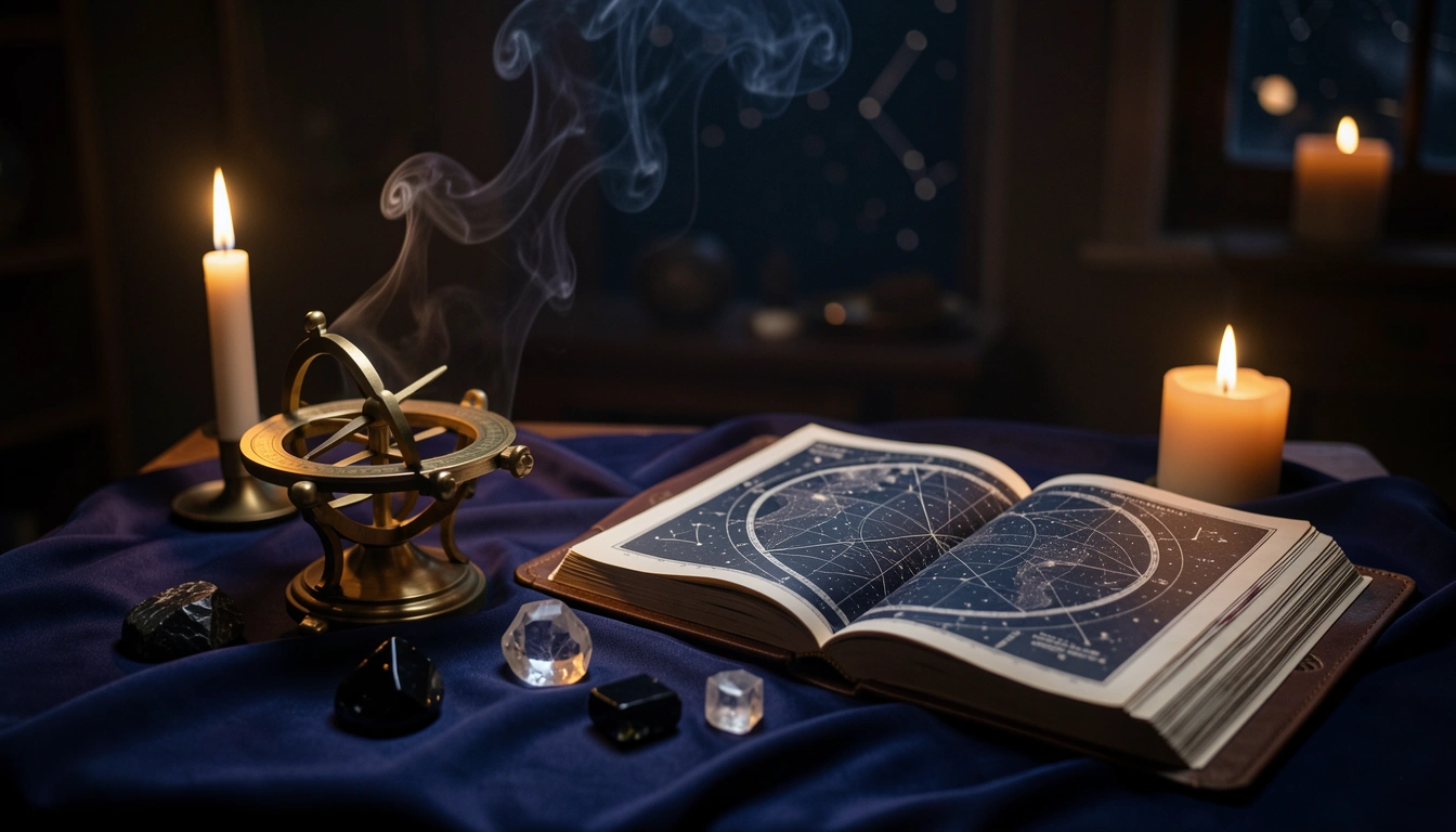 Brass astrolabe and crystals on indigo silk beside a candlelit star atlas