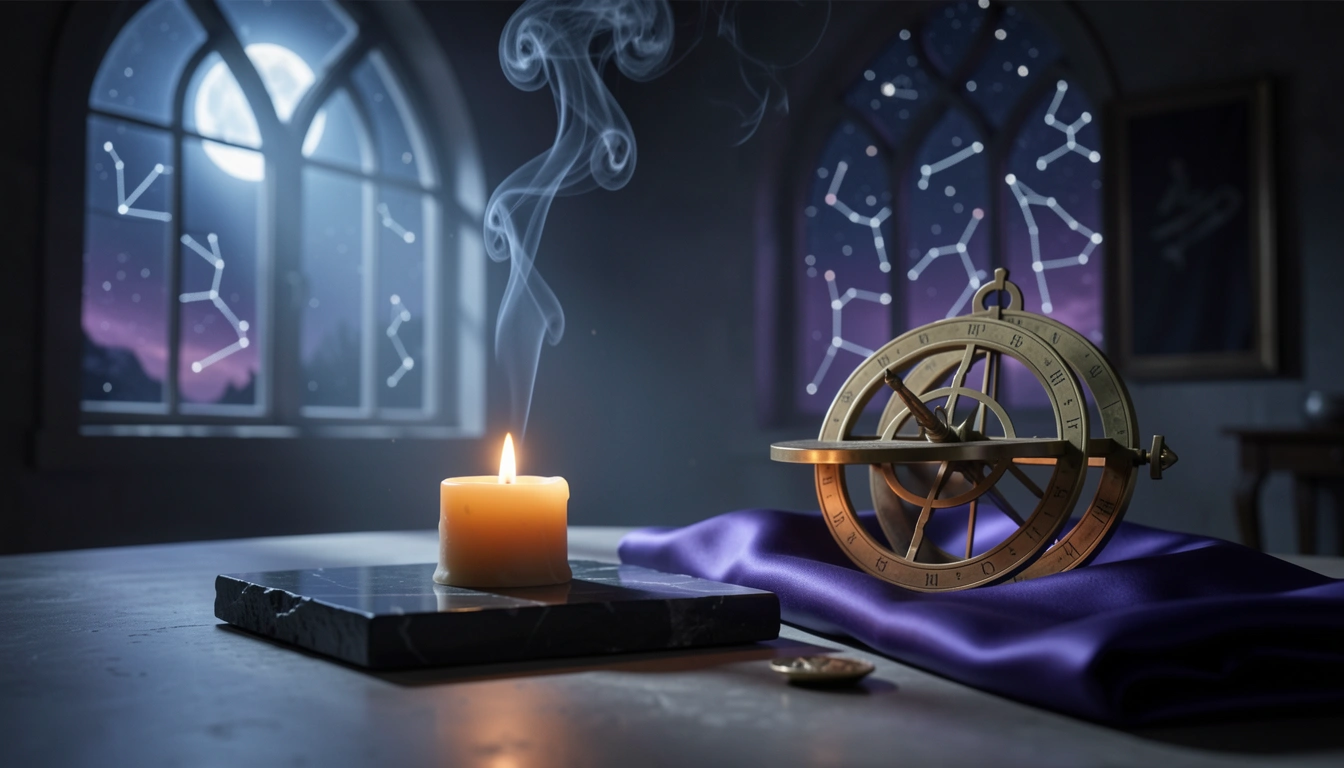Candlelit meditation space with brass astrolabe and moonlight