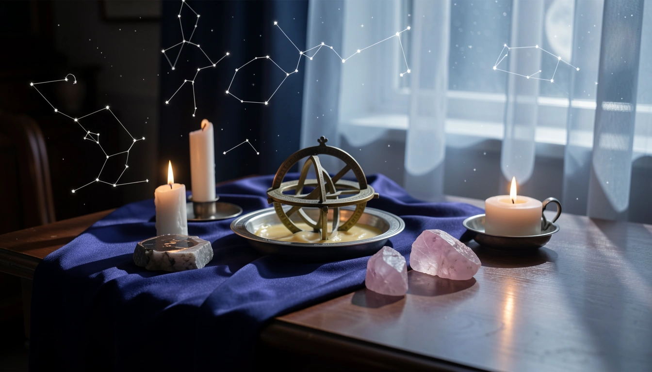 Candlelit ritual table with rose quartz crystals and brass astrolabe under moonlight