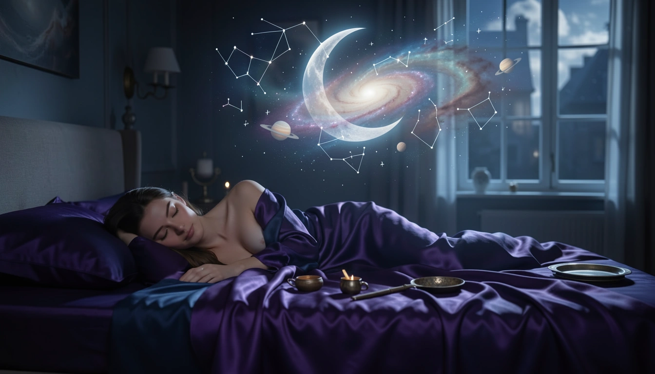 A sleeping person with a glowing, celestial dreamscape of stars and a crescent moon floating above them in a dark, moonlit room.