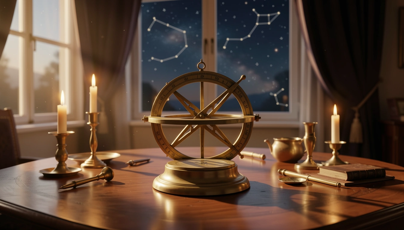 Brass astrolabe on wooden table with candlelight and night sky