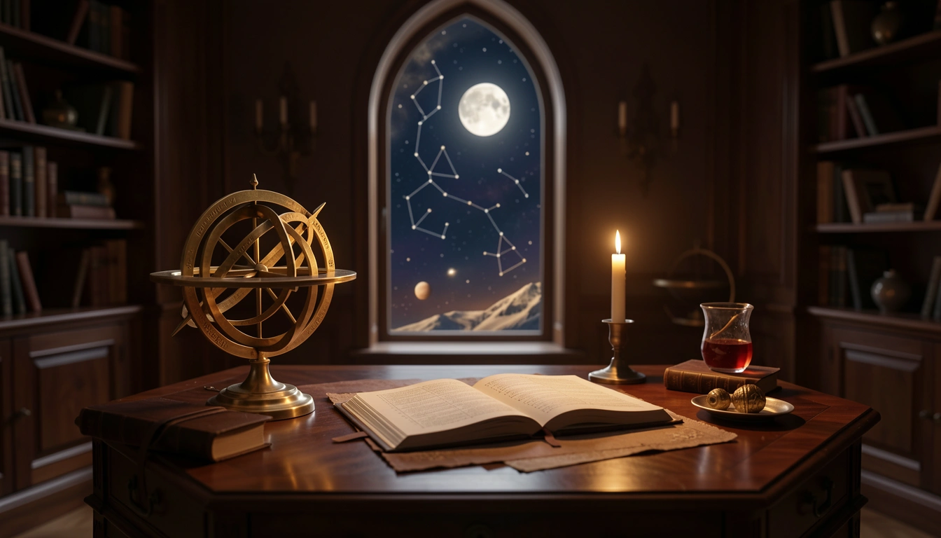 Brass astrolabe and candlelit ephemeris under a moonlit night sky