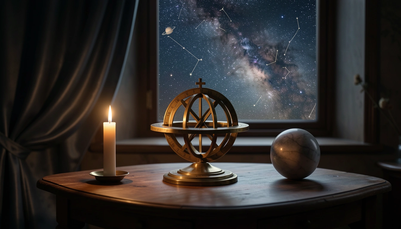 A candlelit table with a brass astrolabe and a starry night sky visible through a window, evoking solitude and inner reflection.