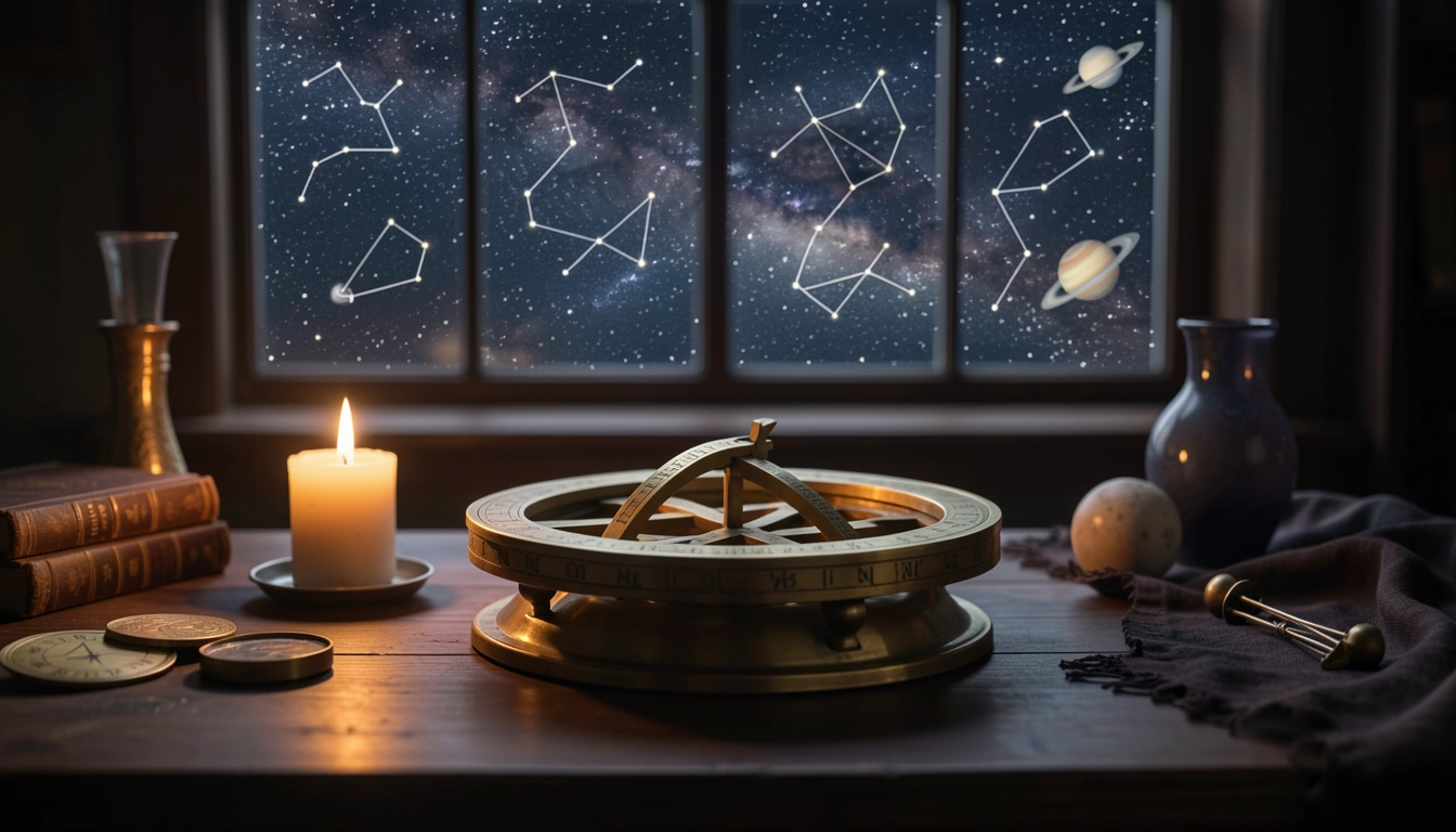 Brass astrolabe and candle on a wooden table under a starry night sky