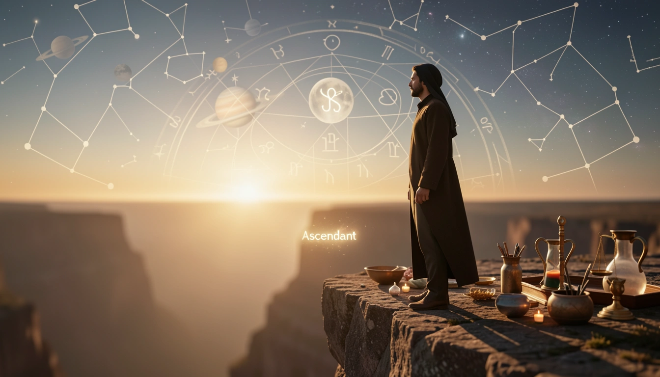 Person at sunrise with astrological glyphs and rising sign symbol in the sky, representing the 1st house and self-expression.