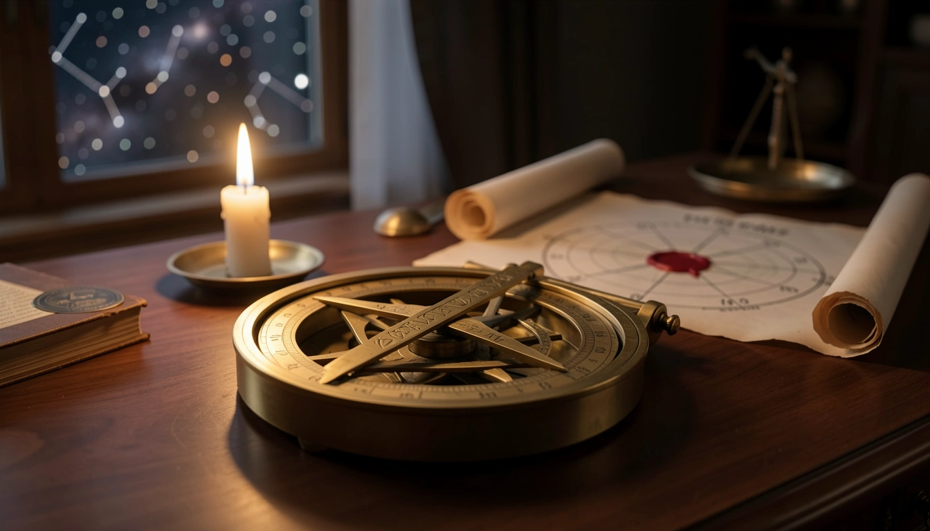 Brass astrolabe on a candlelit desk with a parchment birth chart showing the 1st house cusp, astrological career and life direction theme.