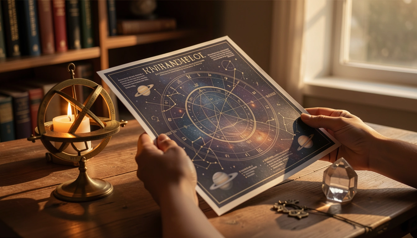 Hands holding a natal chart with candlelight and brass astrolabe on a wooden table