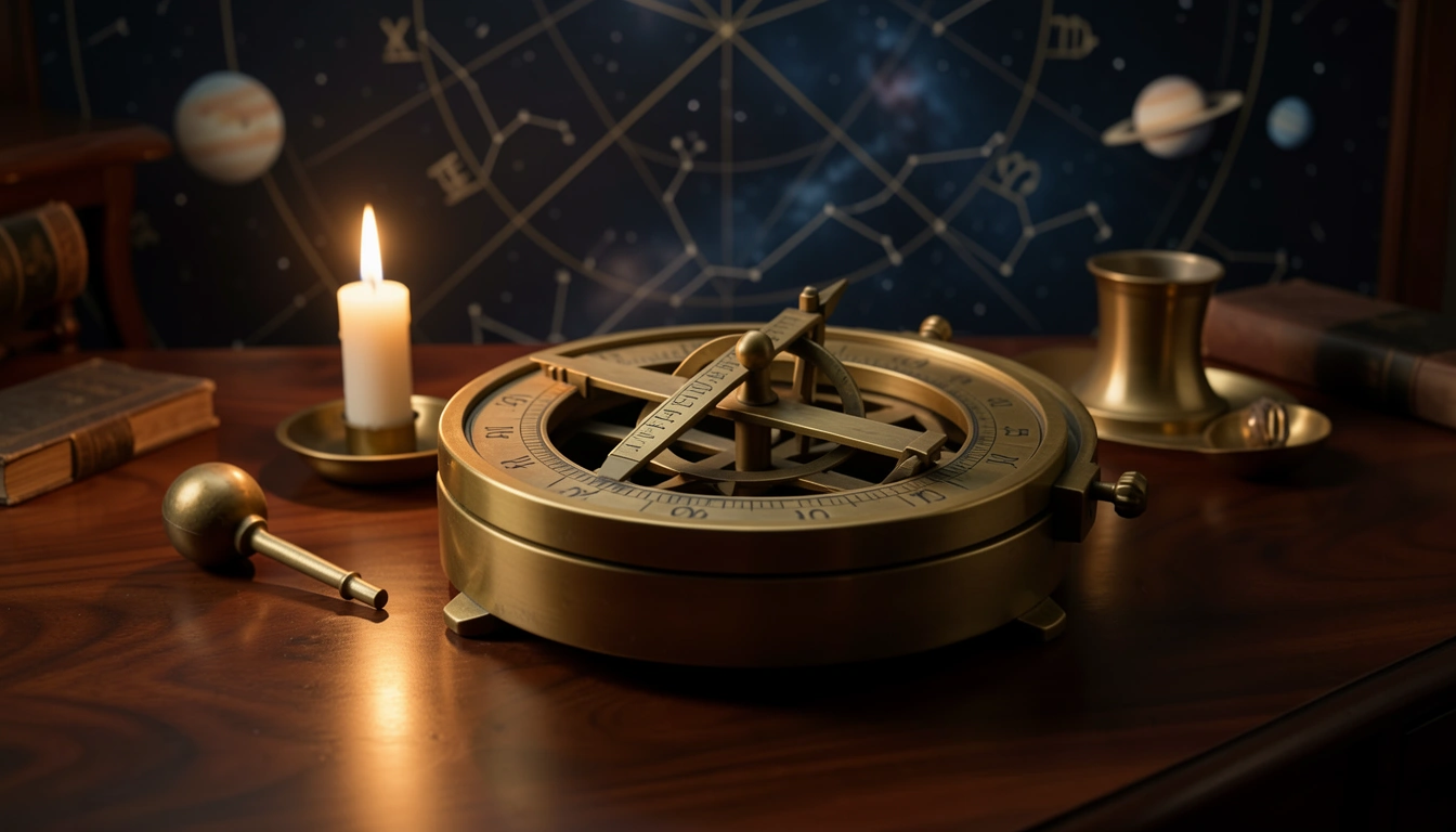 Vintage brass astrolabe on wooden desk with candlelight representing the 1st house of self.
