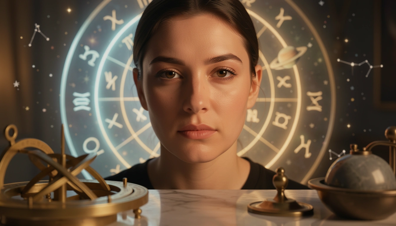 Portrait with zodiac wheel and brass astrolabe representing the 1st house and physical appearance in astrology.