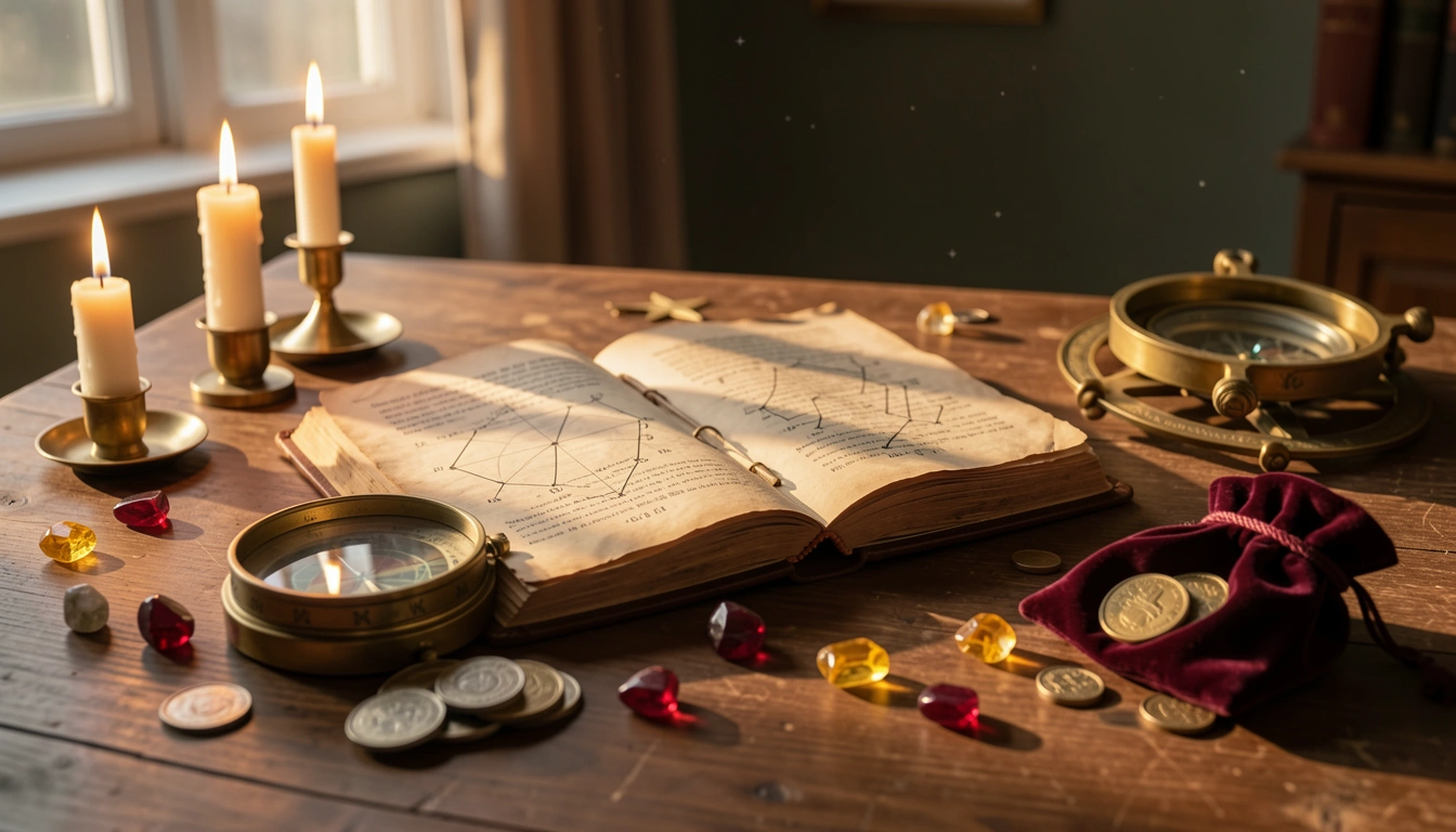 Brass sextant, garnet stones and coins on a candlelit desk beside an open astrological ledger