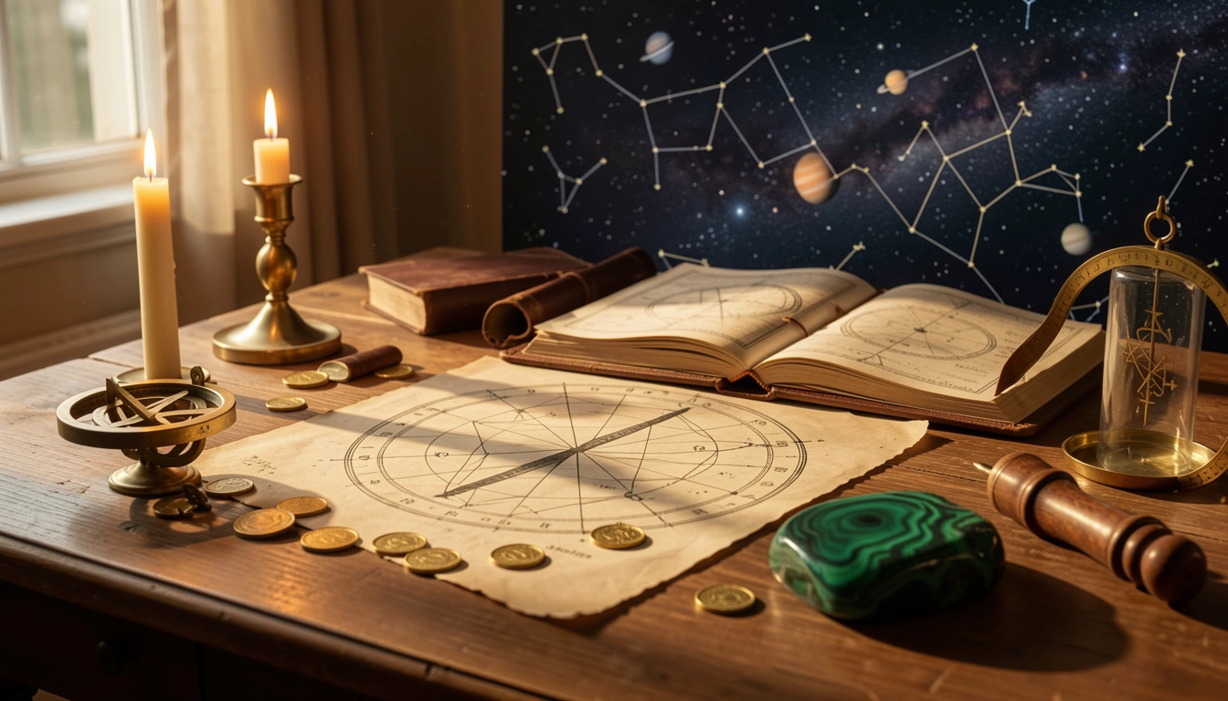 Brass astrolabe and gold coins on a candlelit desk beside an open star chart