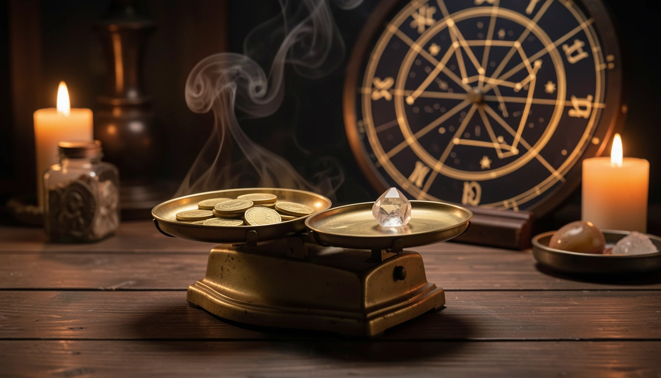 Brass scale with gold coins and crystal beside an astrological chart, symbolizing 2nd house values and material worth.