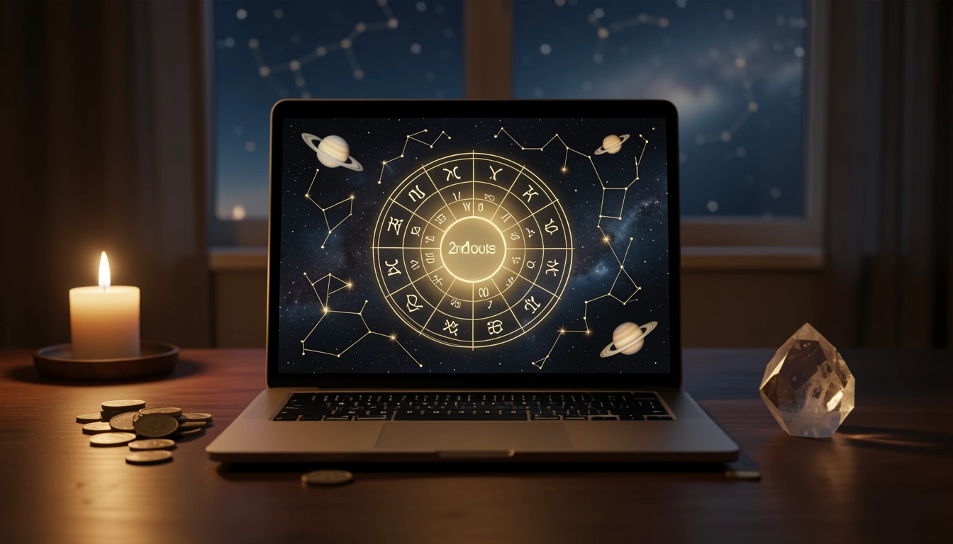 Astrology calculator on laptop showing 2nd house with coins and crystal on desk