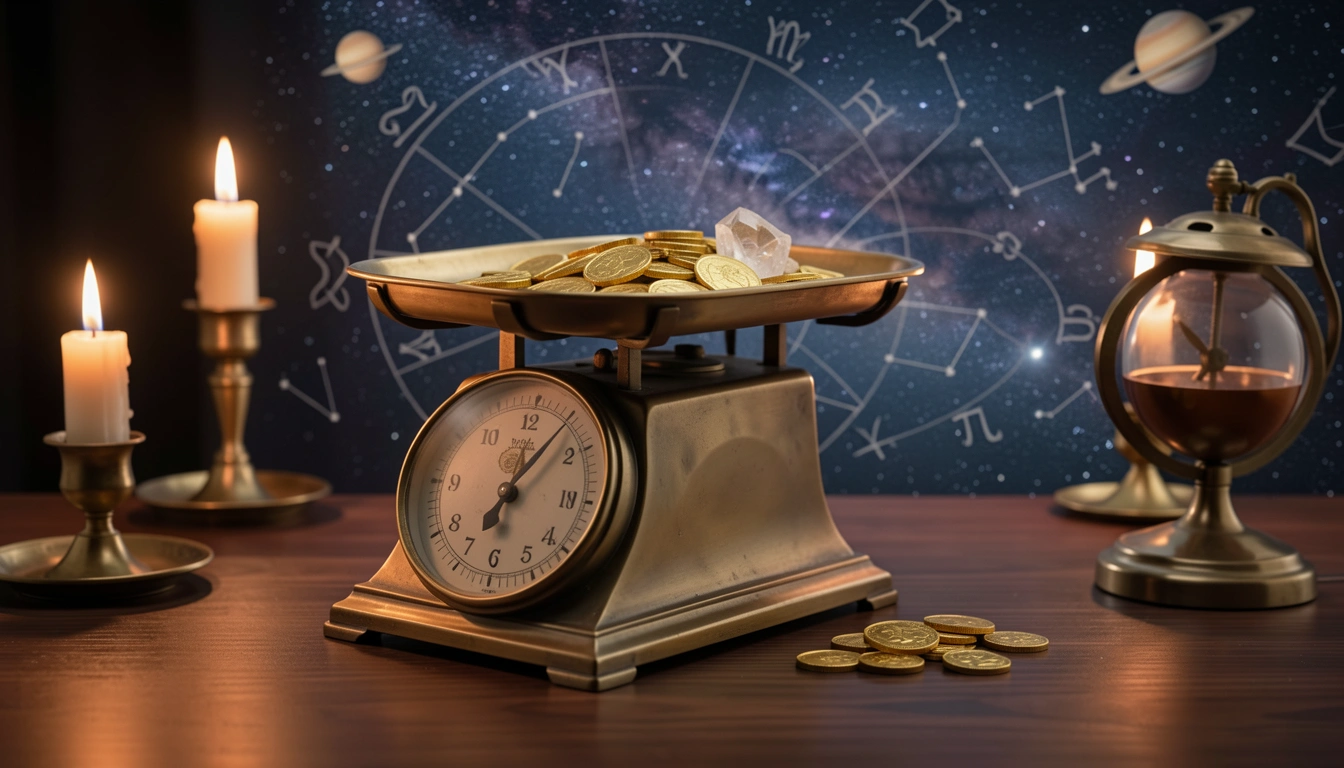 Vintage brass scale with gold coins and crystal against starry night sky, representing the 2nd house of value and possessions