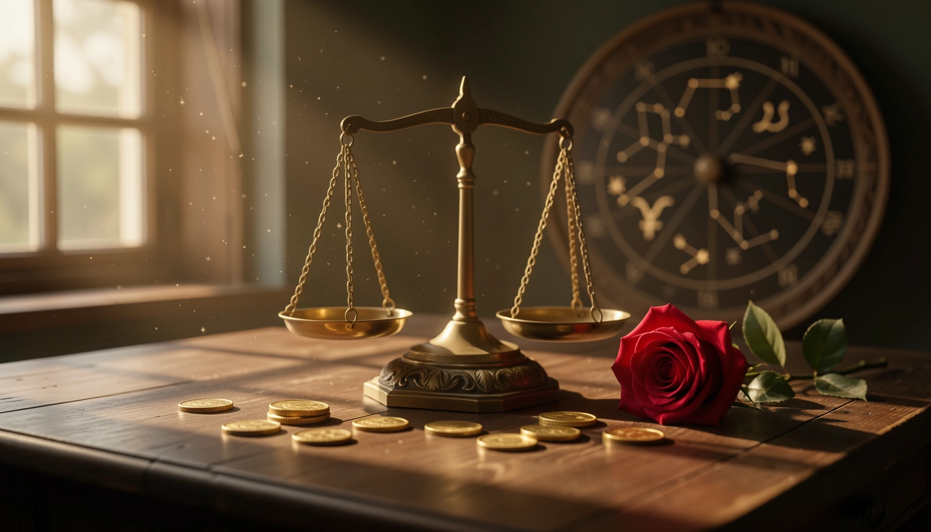Antique brass scale with gold coins and rose, astrological Taurus and Venus symbols in background, warm golden light