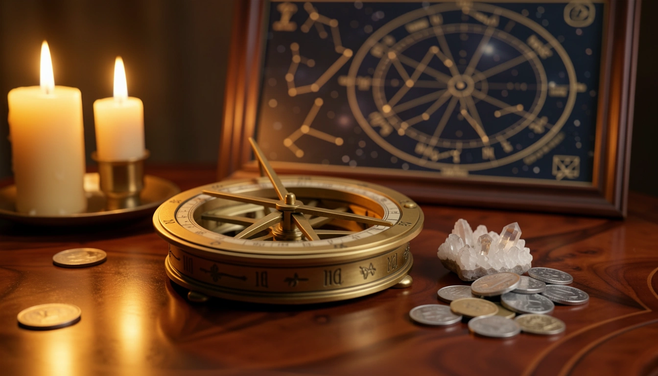 Astrolabe and coins on a candlelit table representing the 2nd house of finances and values