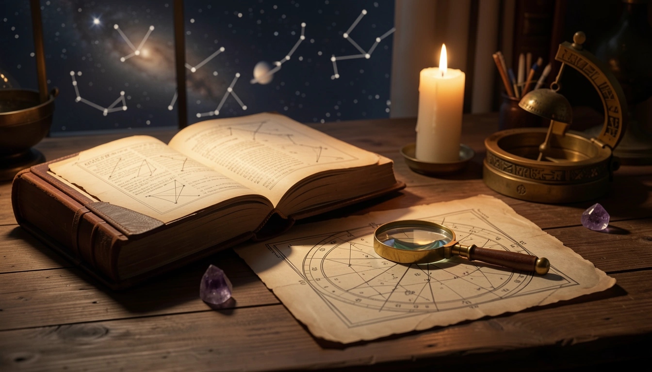 Brass sextant and magnifying glass on an astrological manuscript lit by candlelight