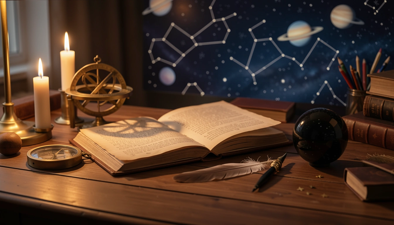Candlelit desk with journal, brass astrolabe, and obsidian sphere under warm golden light