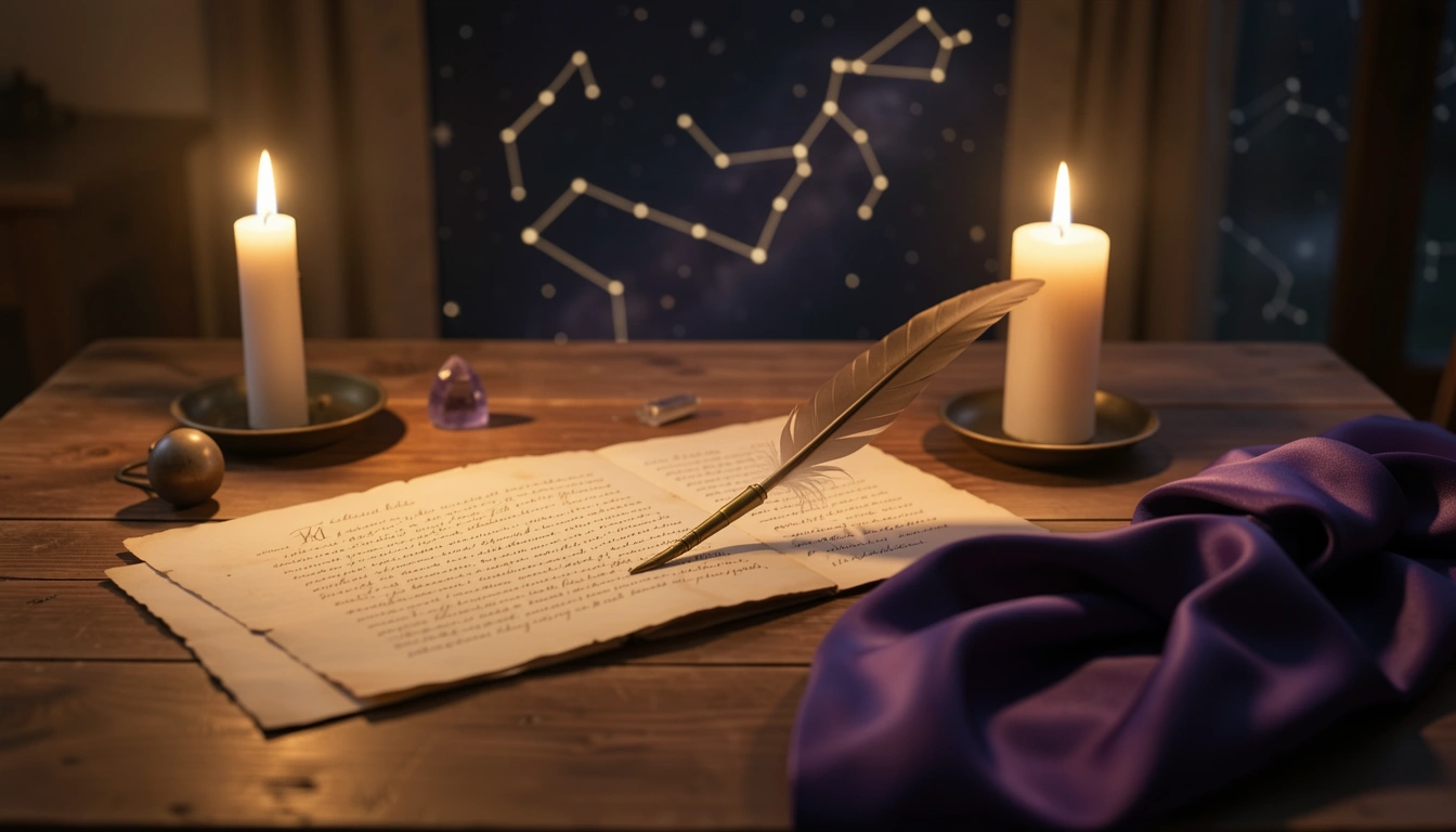 Candlelit table with antique letters, brass quill and amethyst crystal