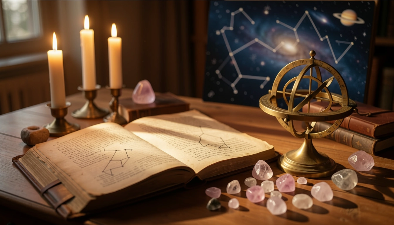 Brass astrolabe and rose quartz crystals on a candlelit desk with an open astrology journal