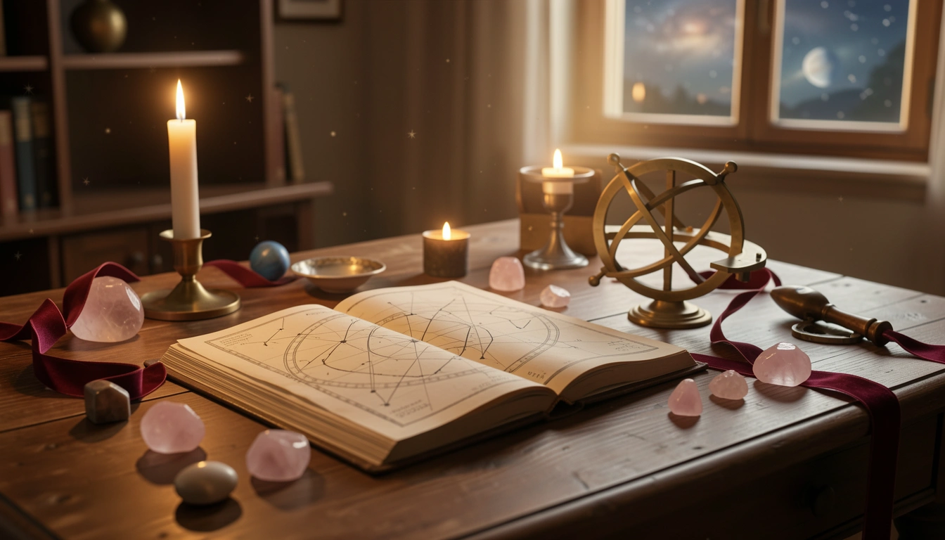 Brass astrolabe and star chart on a candlelit desk with rose quartz crystals