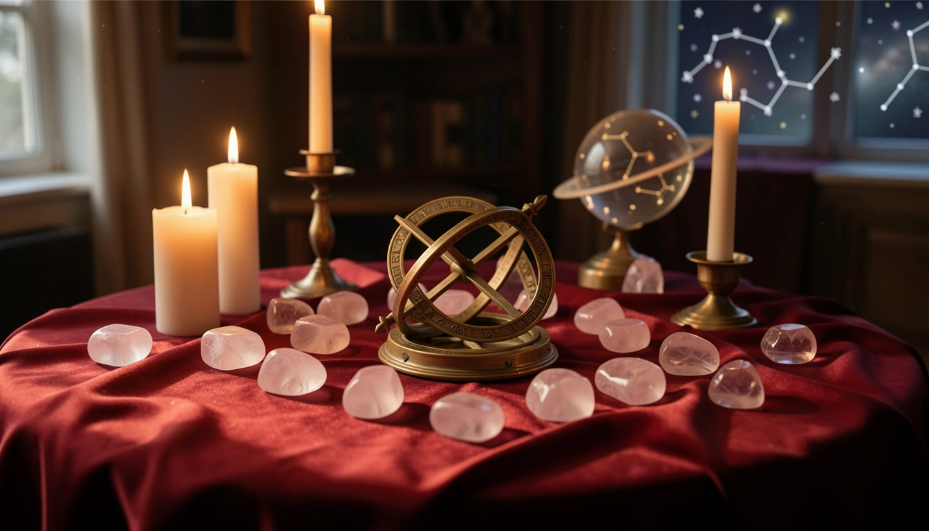 Crimson silk table with rose quartz and brass astrolabe under candlelight