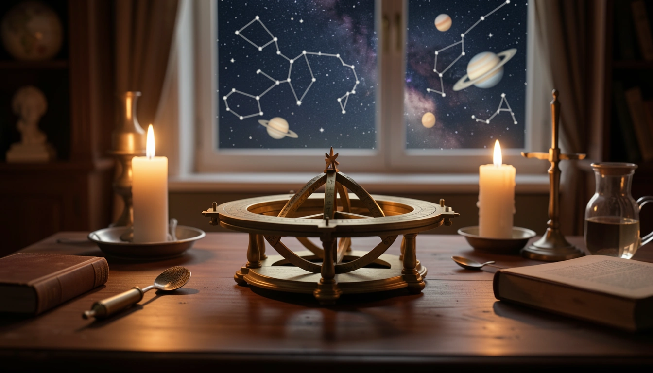 Brass astrolabe on a candlelit table with a starry night sky in the background