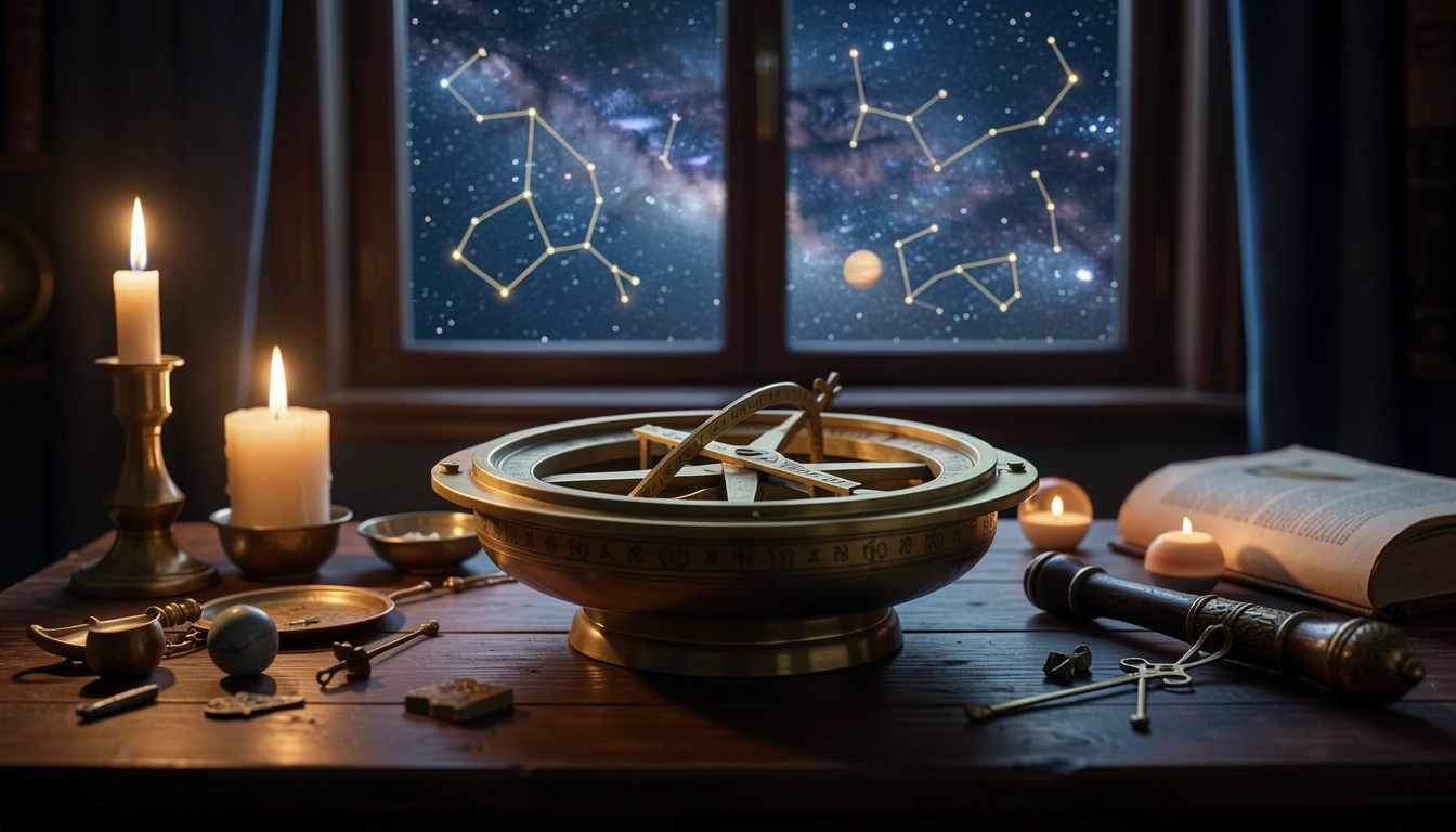 Brass astrolabe on a candlelit table under a starry night sky