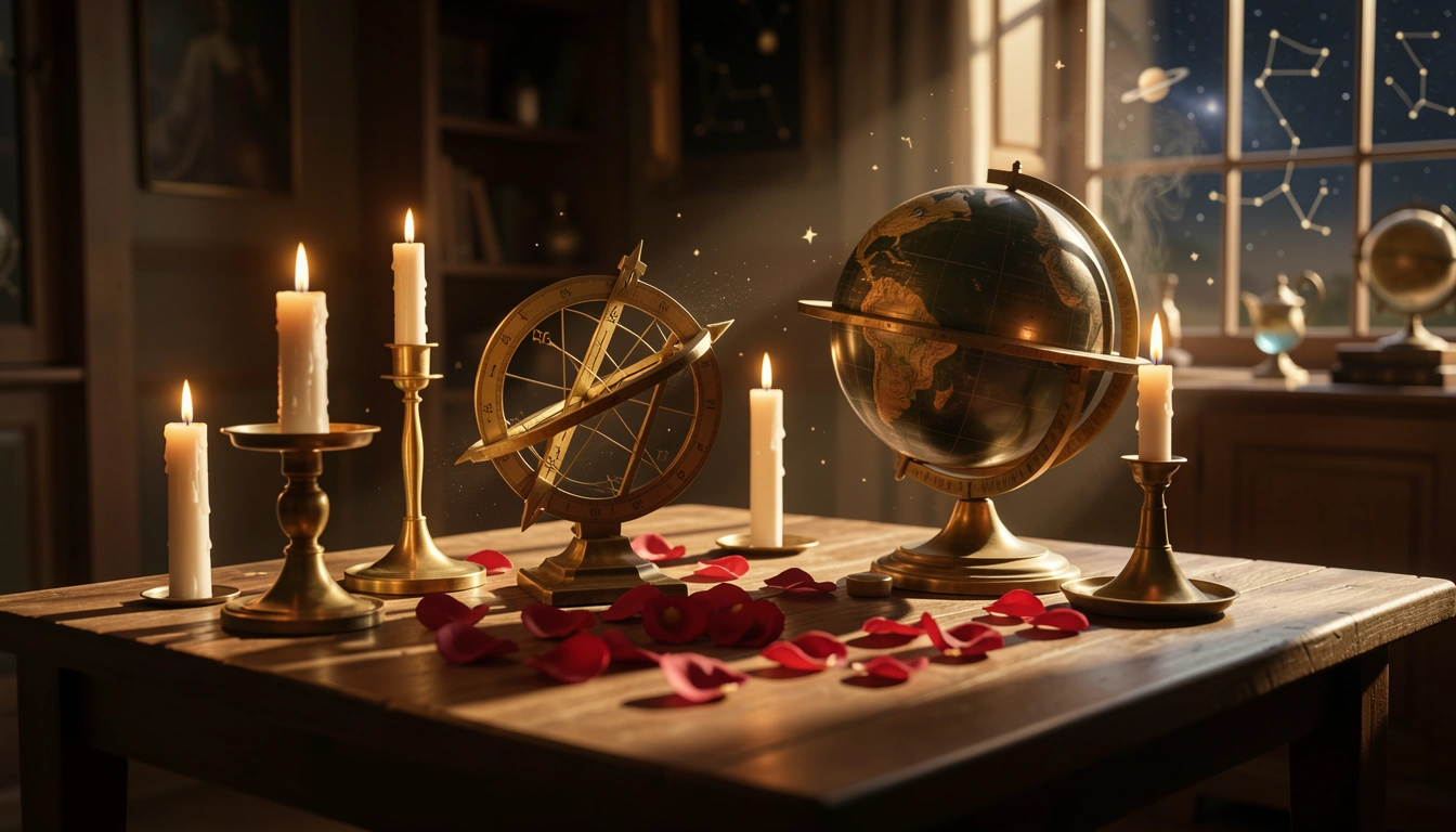 Candlelit table with brass astrolabe and celestial globe in golden light