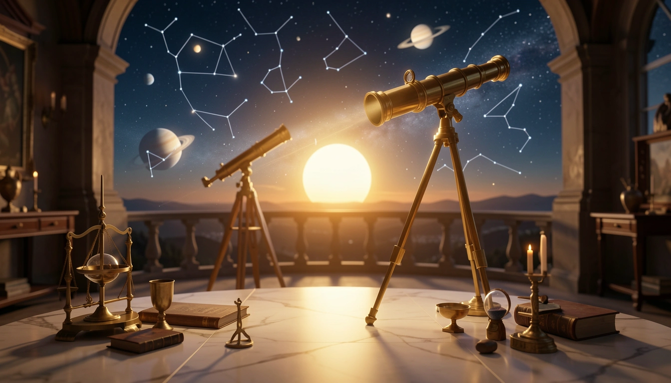 Brass telescope aimed at Venus and the Sun in a night sky over an observatory