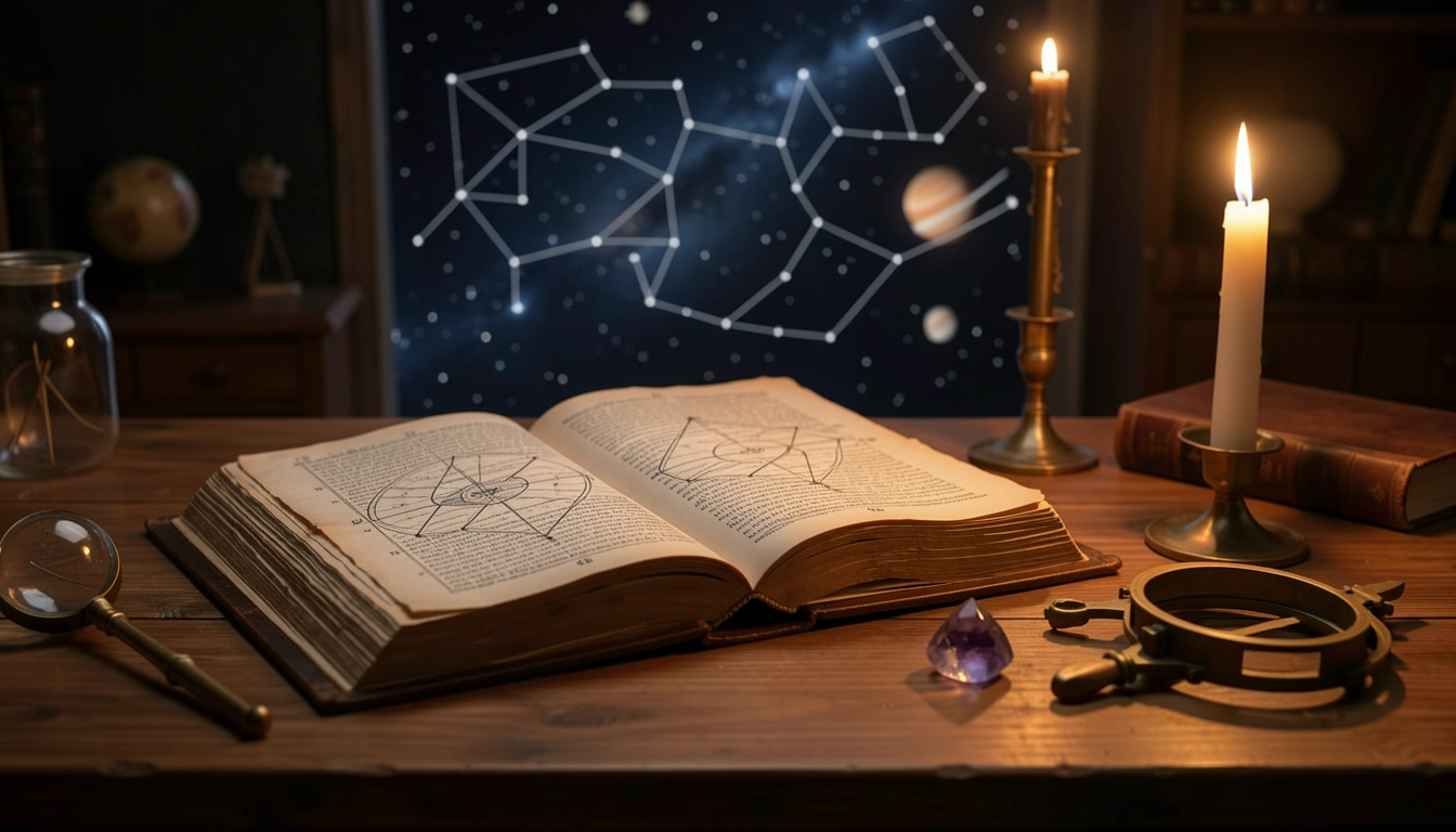 Candlelit desk with brass sextant, open astrological manuscript, and amethyst crystal