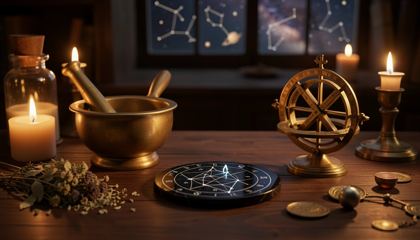 Candlelit apothecary table with brass astrolabe, herbs, and obsidian disc