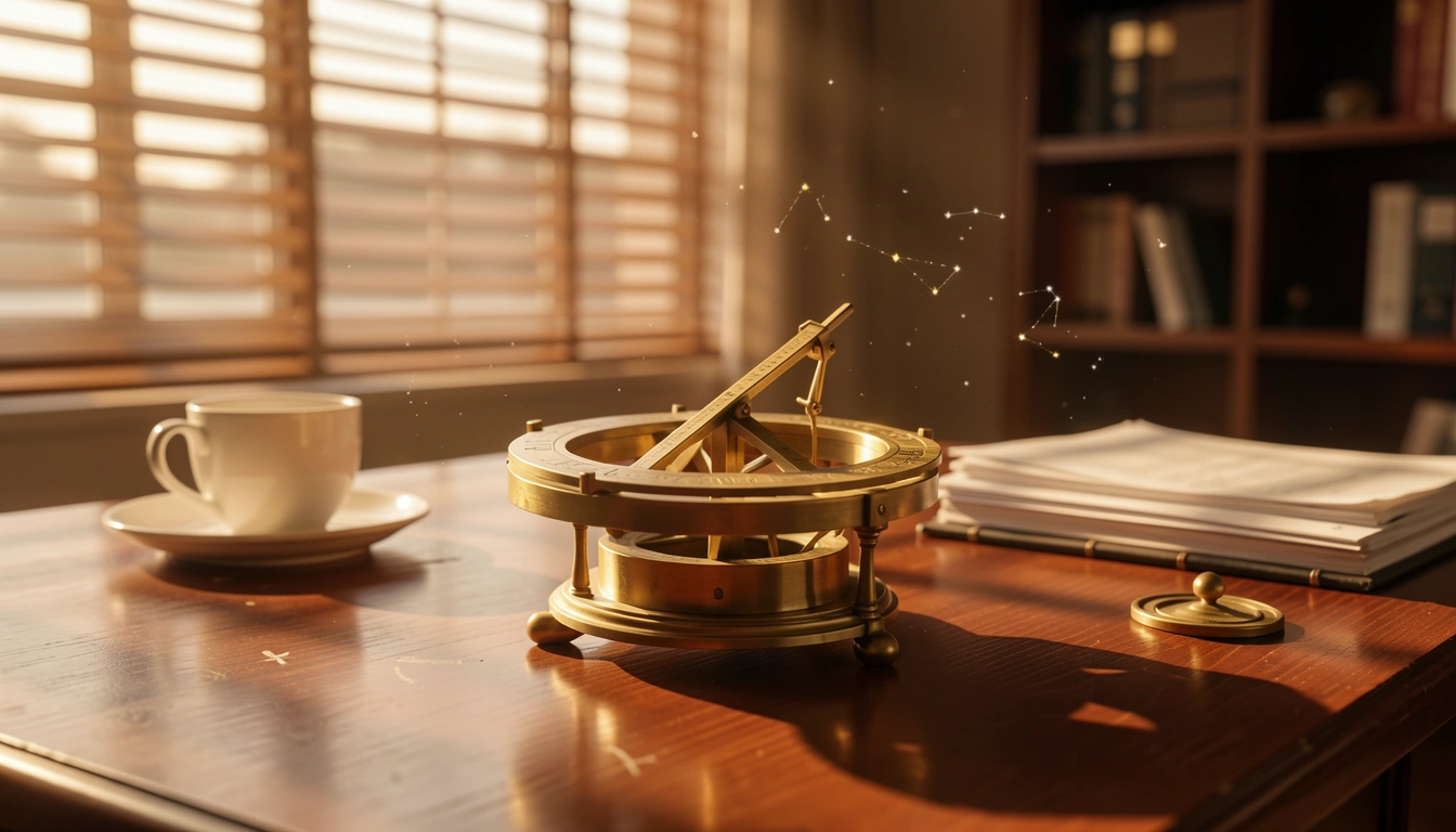 Brass astrolabe on a desk with warm office light and geometric shadows