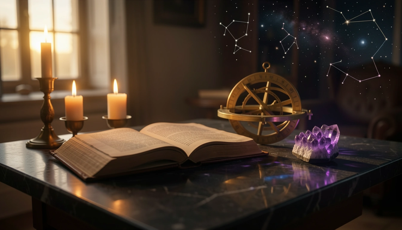Brass astrolabe and open astrological manuscript on a candlelit stone table