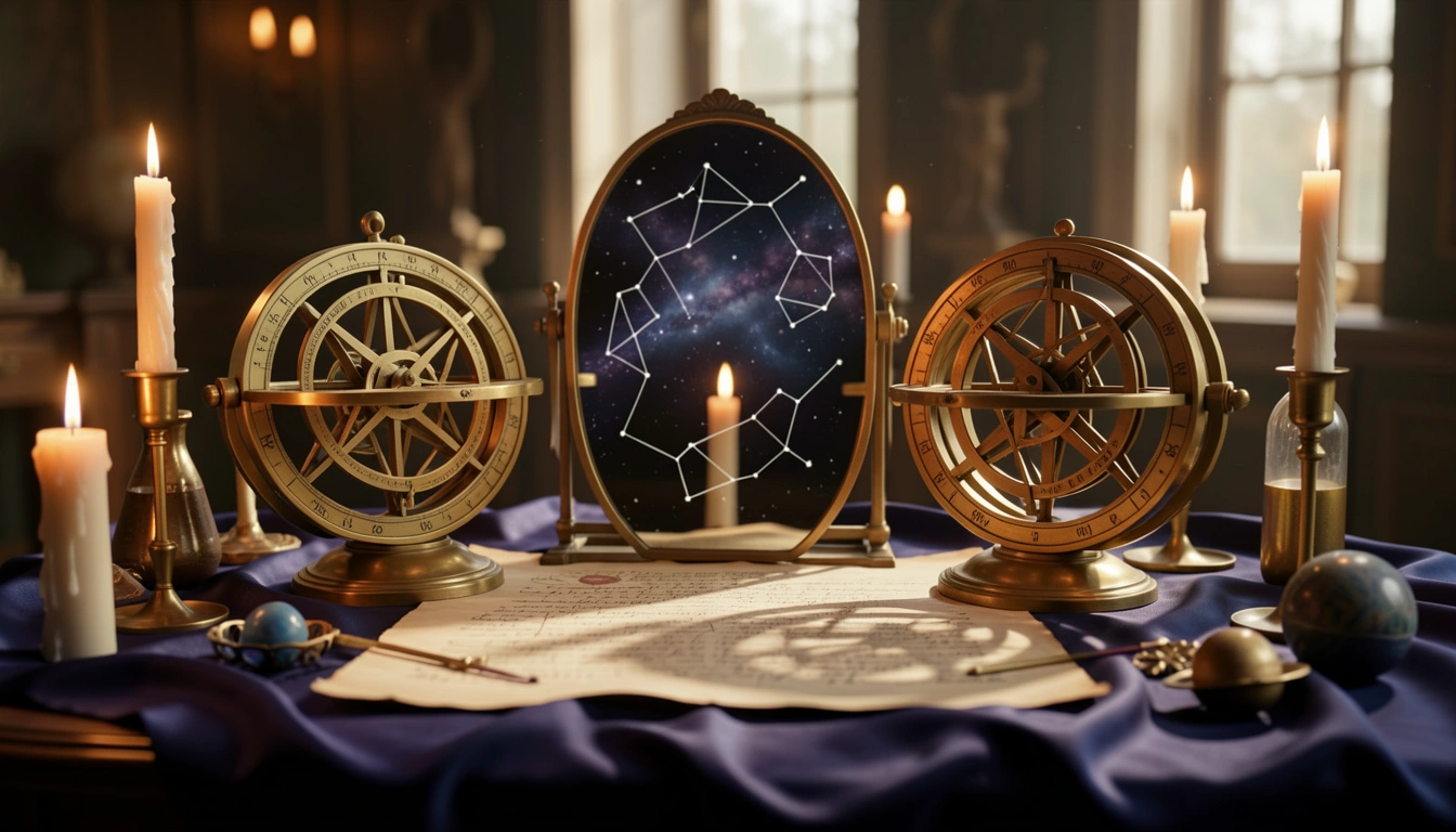 Two facing brass astrolabes and an obsidian mirror on a candlelit table representing partnership and the 7th house