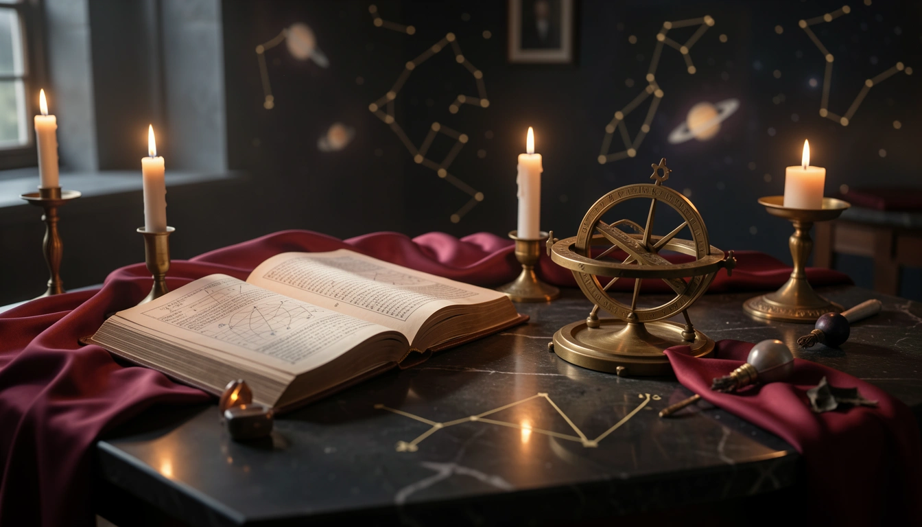 Candlelit ritual table with brass astrolabe, open manuscript, and garnet silk