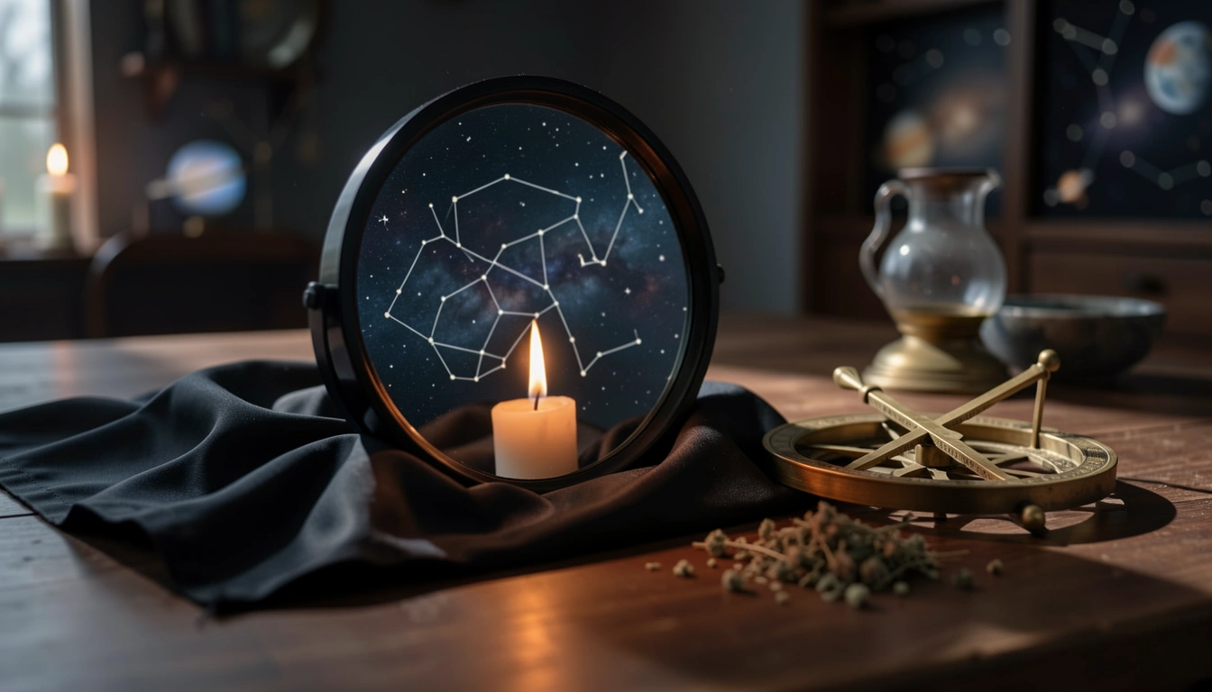 Obsidian mirror and brass astrolabe on black silk lit by candlelight