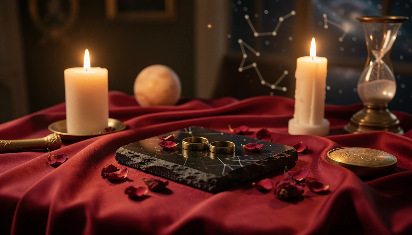 Crimson silk and brass rings on obsidian under candlelight symbolizing 8th house intimacy