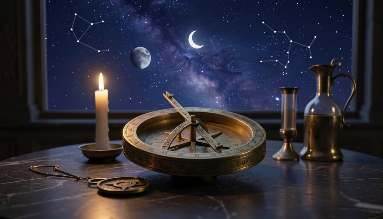 Brass astrolabe on stone table under candlelight with night sky and crescent moon