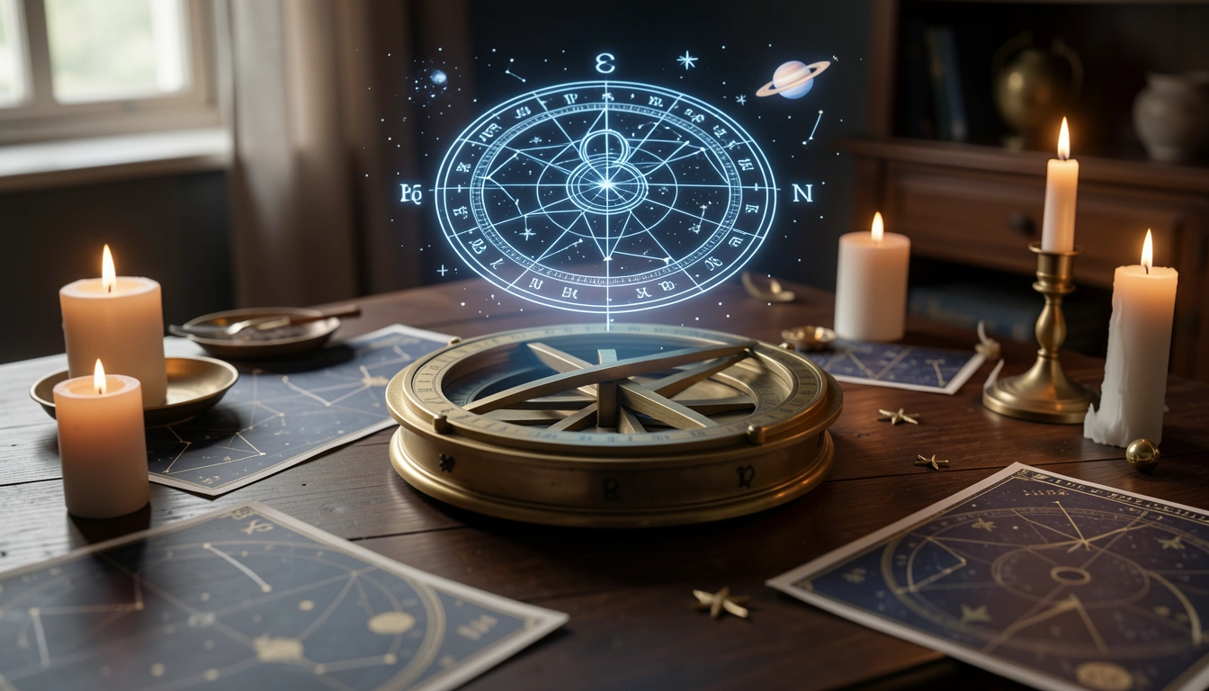 Brass astrolabe with glowing 8th house chart projection on a candlelit table