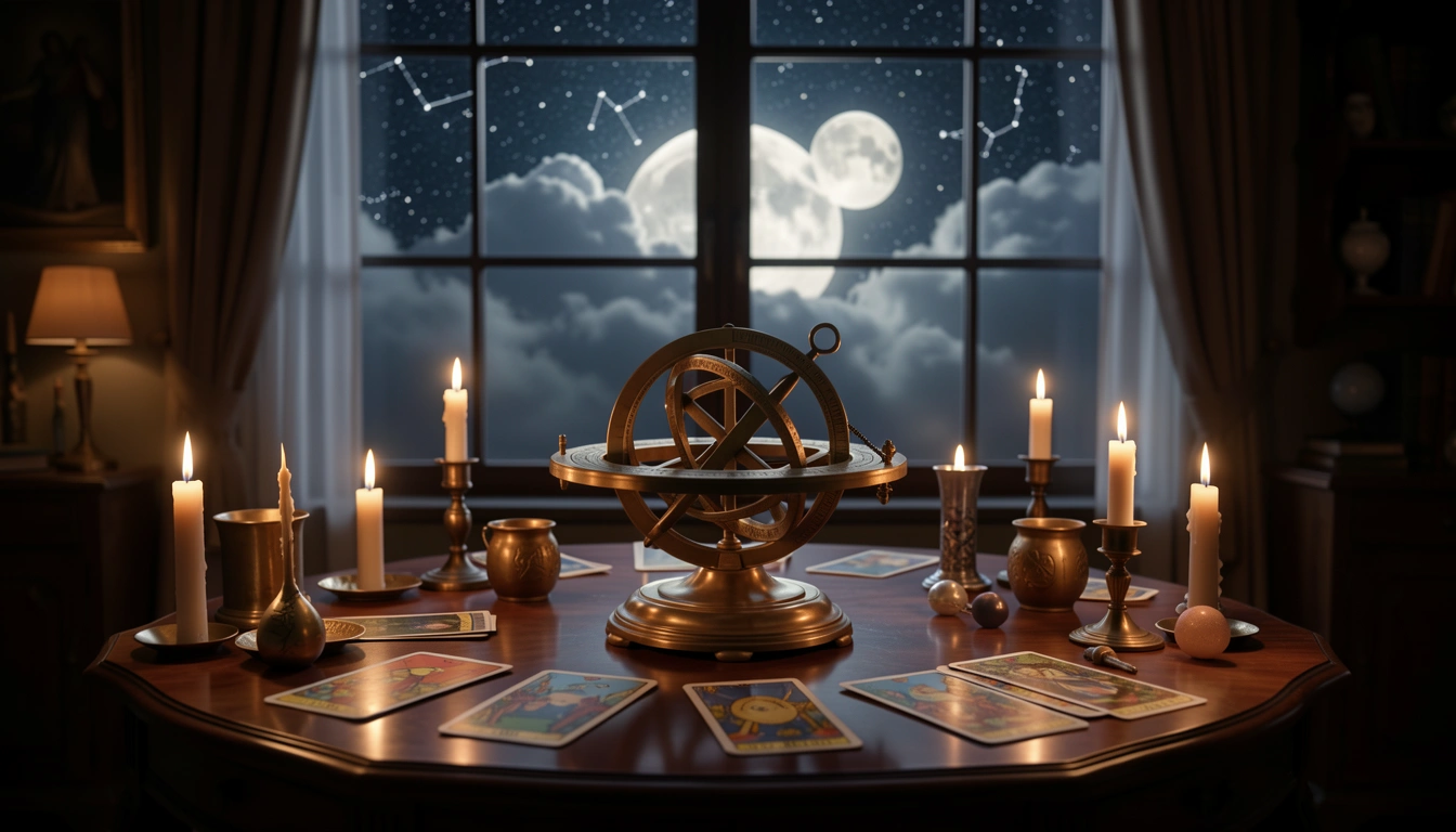 Brass astrolabe and candles on a table under a starry night sky, evoking the mysteries of the 8th house.
