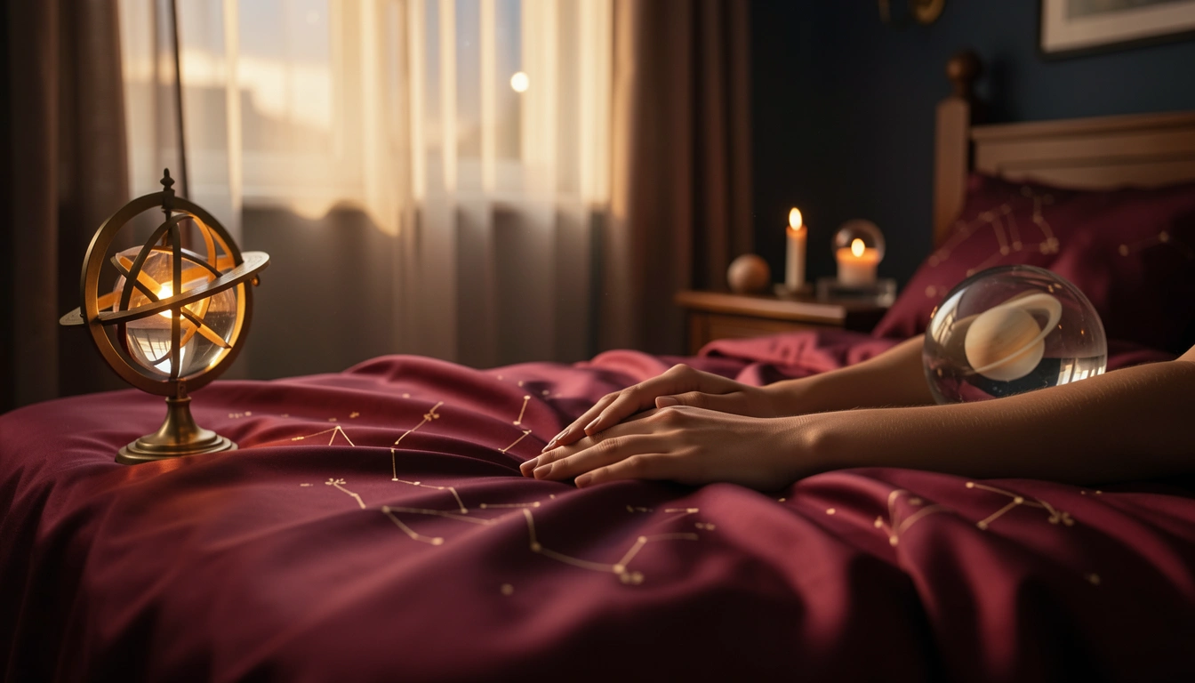 Intimate bedroom scene with silk sheets, brass astrolabe, and candlelight evoking 8th house themes of vulnerability and deep connection