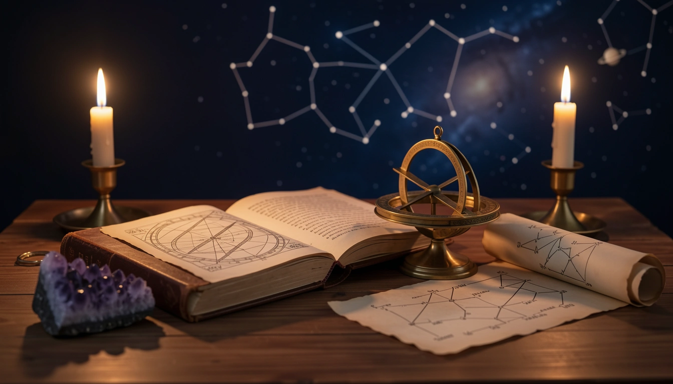 Brass astrolabe and open astrology journal on a candlelit desk